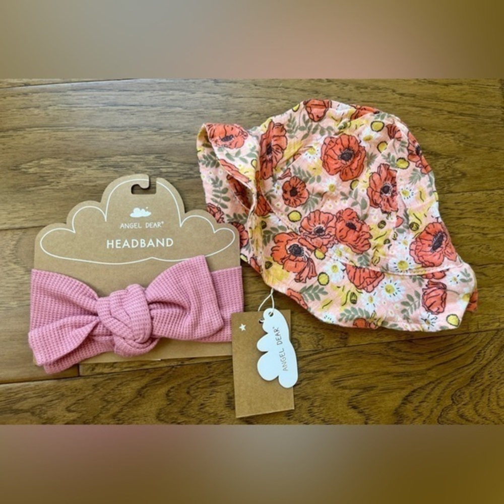 Angel Dear Girl Bundle- Floral Hat and Solid Headband,‎ NWT